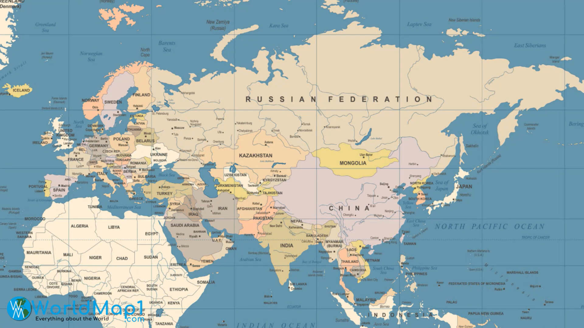 Karte der Russischen Föderation mit Europa, Asien und Afrika